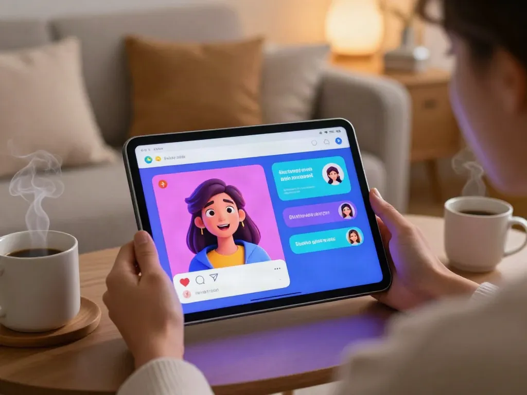 Interactive ai porn chat on tablet in a cozy setting.