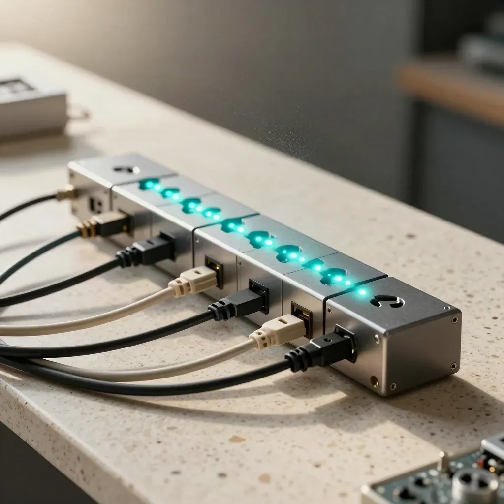 Boîtier relais et modules connectés sur établi, impulsion lumineuse cyan de gauche à droite.
