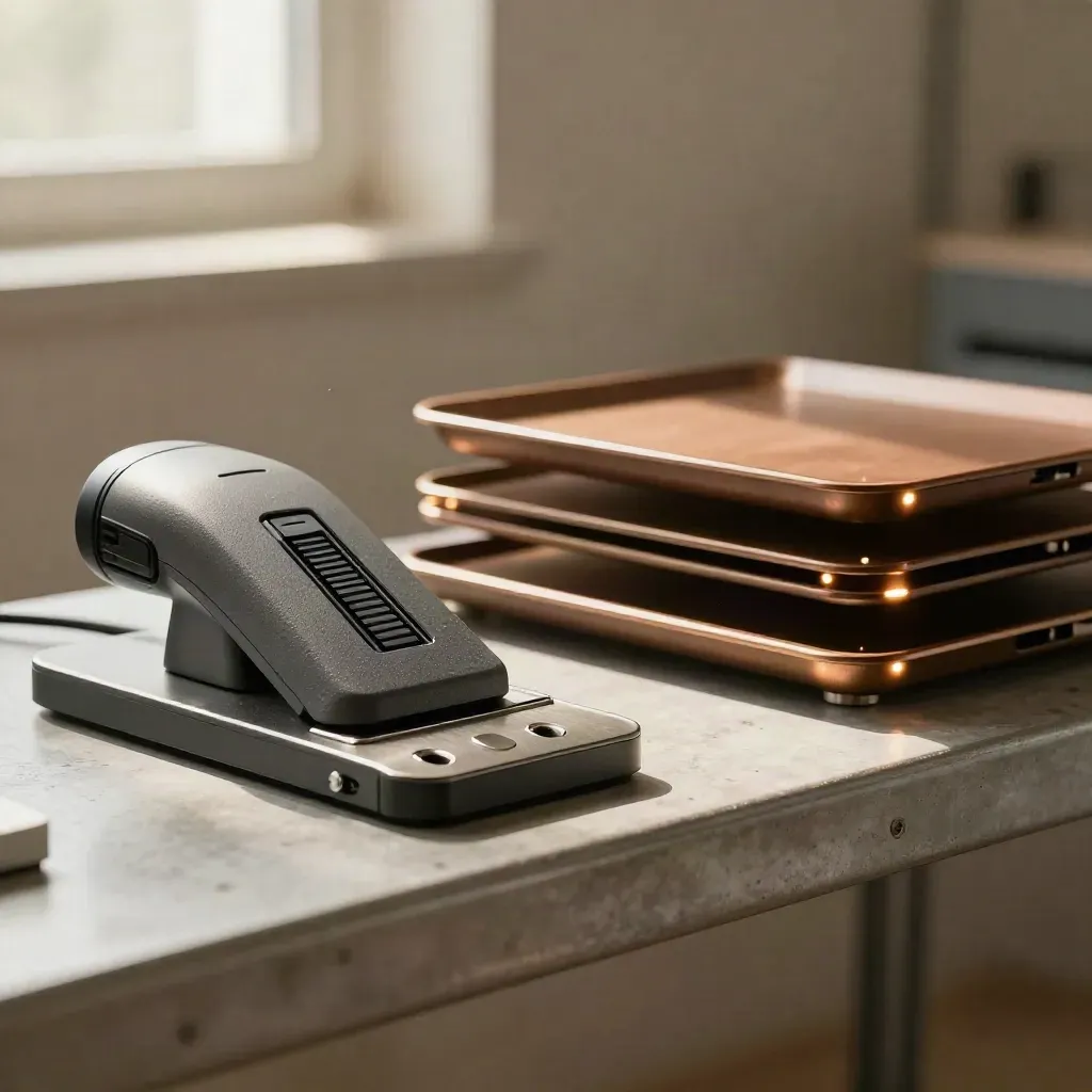 Gros plan d’un hub d’opérations avec dock, scanner et bacs de workflow sur étagère industrielle.