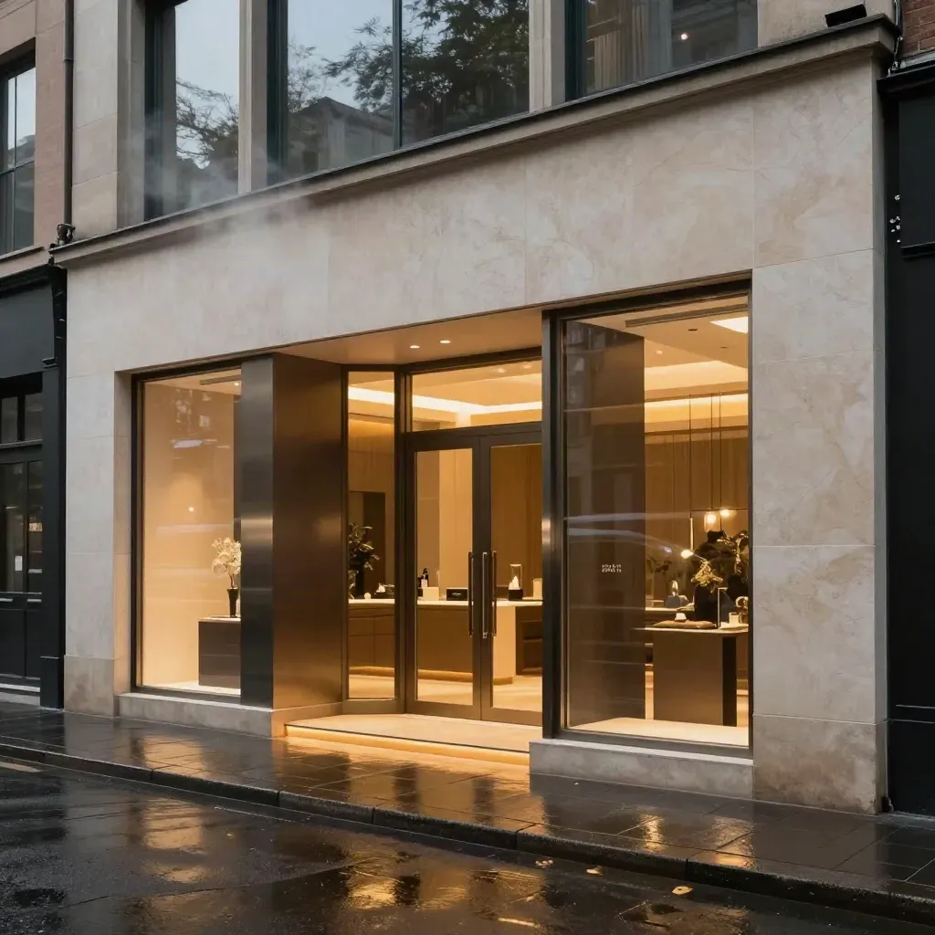 Façade de boutique premium au crépuscule, pierre claire, verre sombre et sol mouillé.
