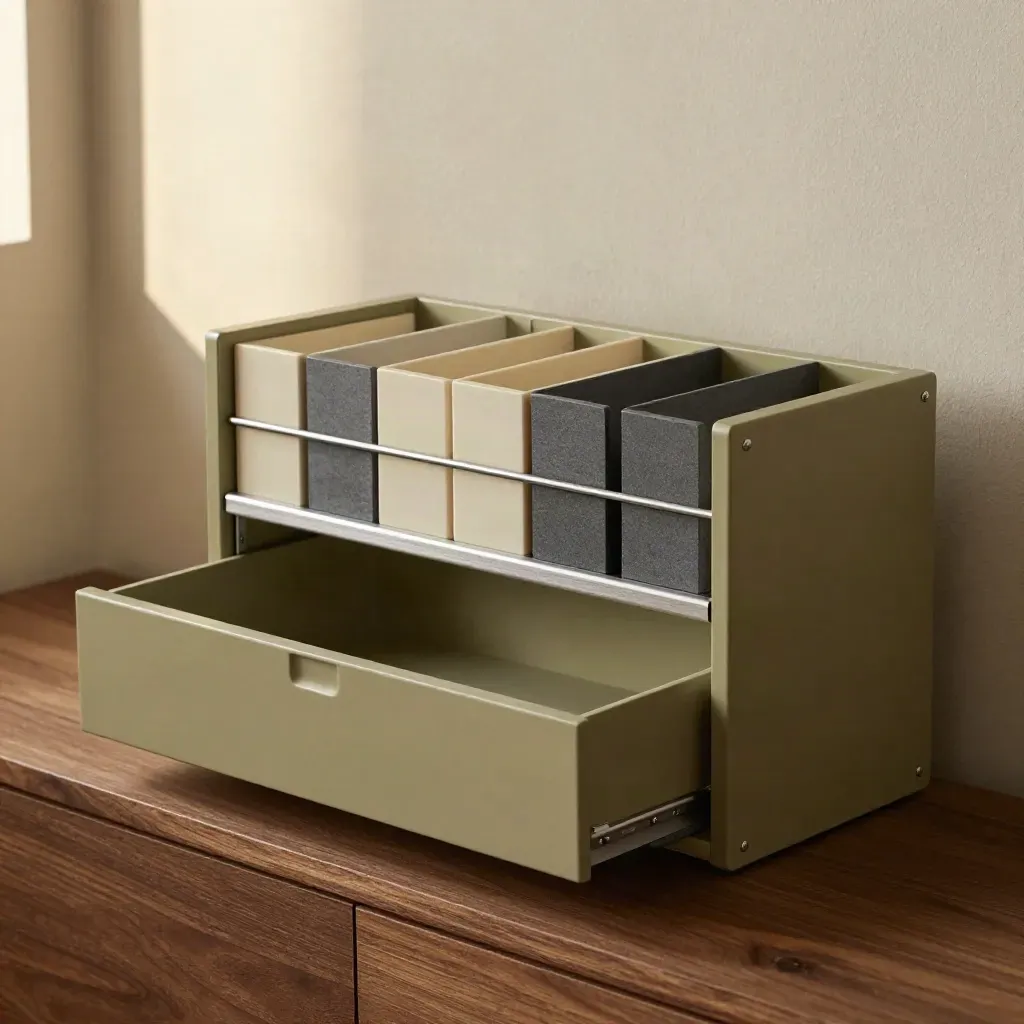 Modules de contenu modulaires dans une niche de studio, lumière dramatique et atmosphère feutrée.