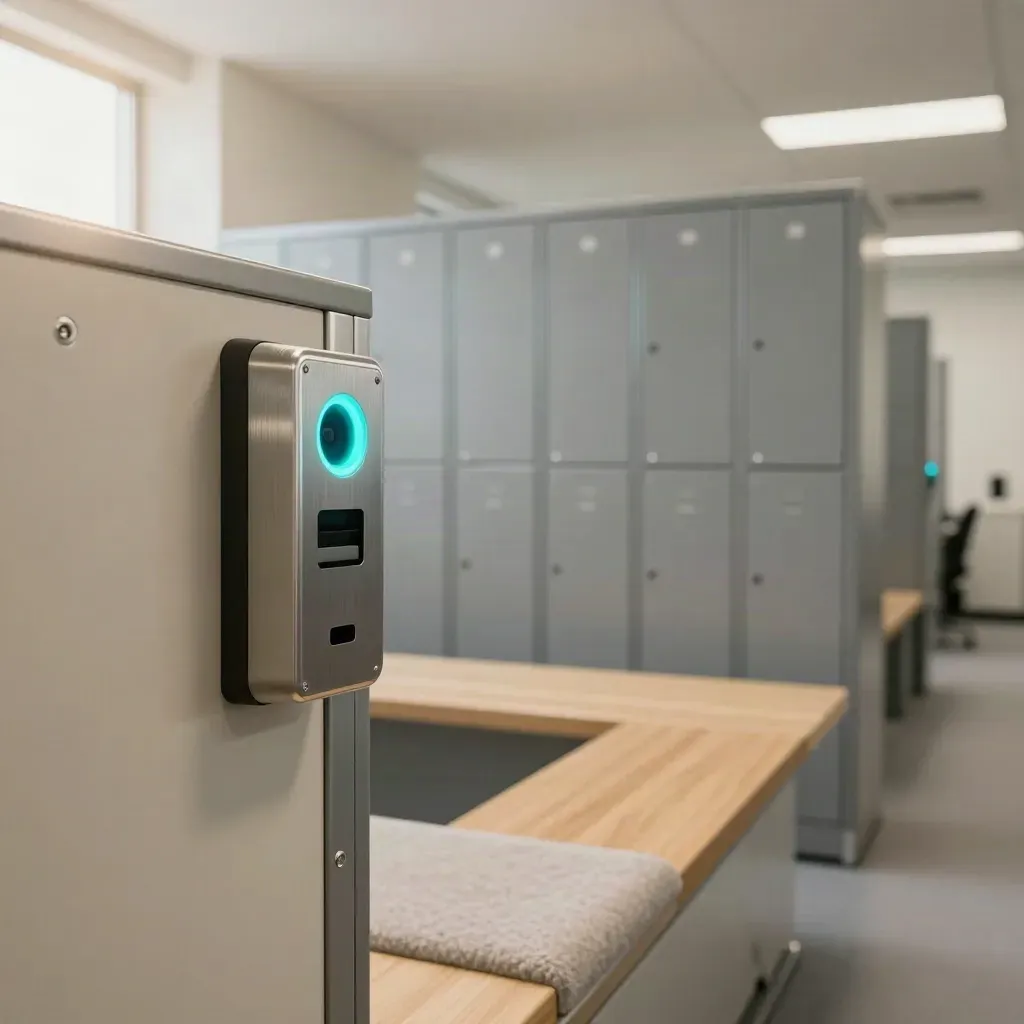 Hub sécurisé RH avec badgeuse, casiers synchronisés et banc calme, lumière cyan douce