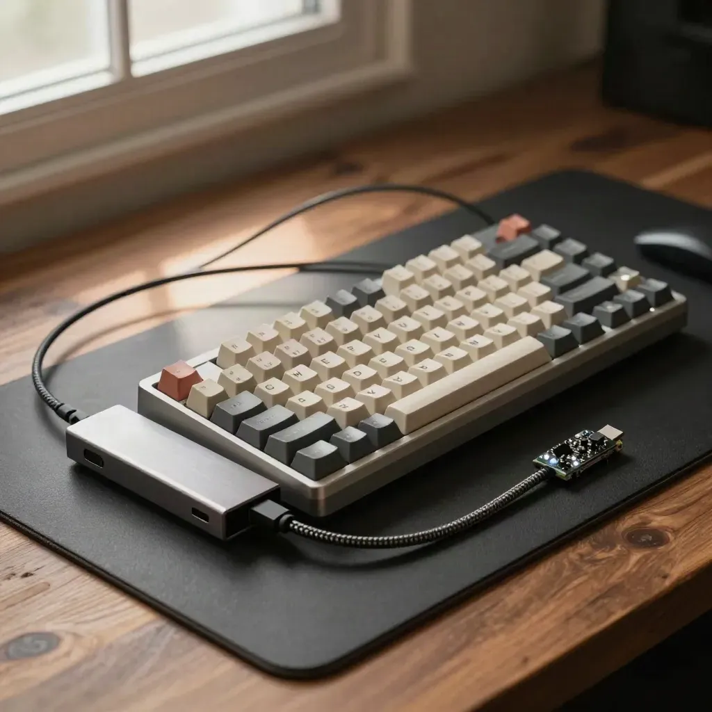 Clavier mécanique usé, hub alu, câble USB-C tressé et carte de debug sur tapis sombre.