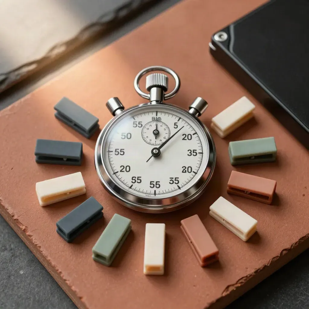 Vue de dessus d’un kit de gestion technique: chronomètre, clips, disque dur et pions sur pierre terracotta.