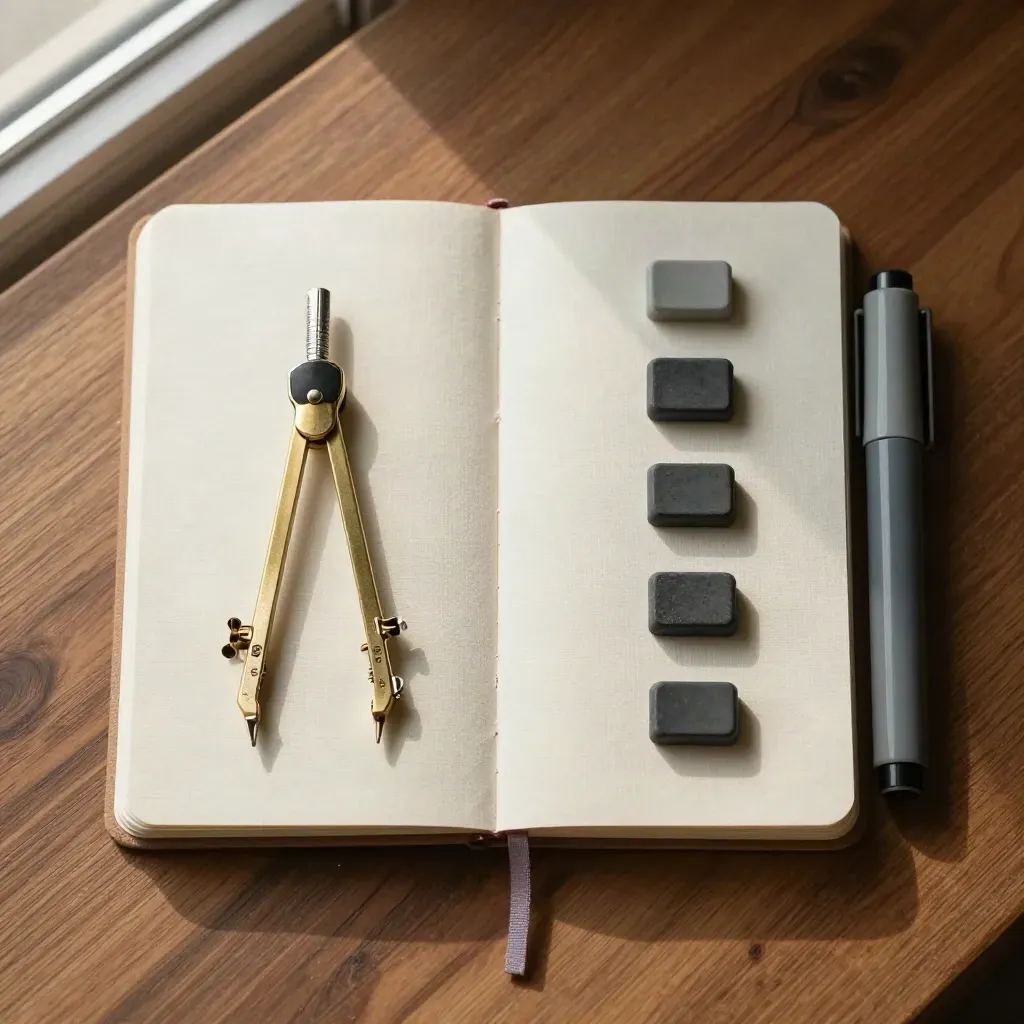 Carnet fermé, compas en laiton et trois marqueurs de câble sur bois sombre, vue du dessus.