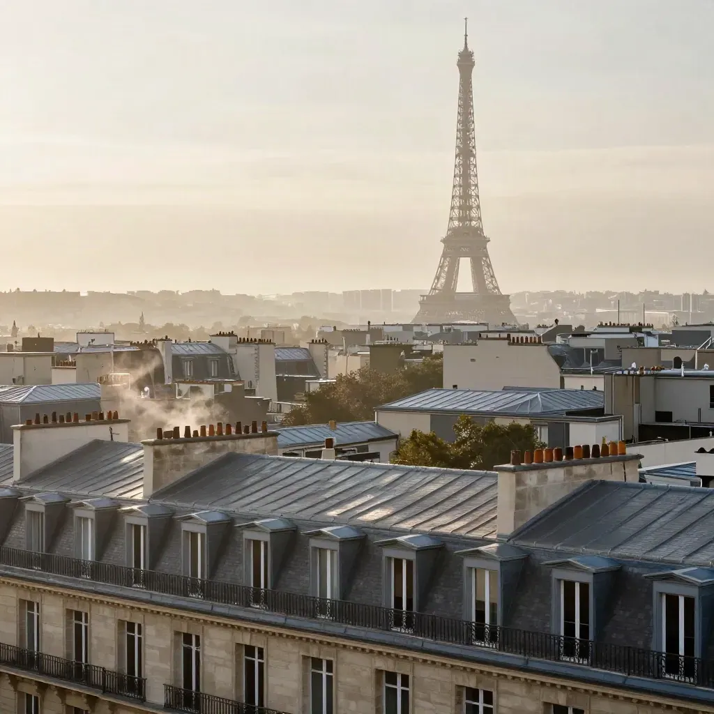 Paris au lever du jour, toits de zinc et tour Eiffel dans la brume.