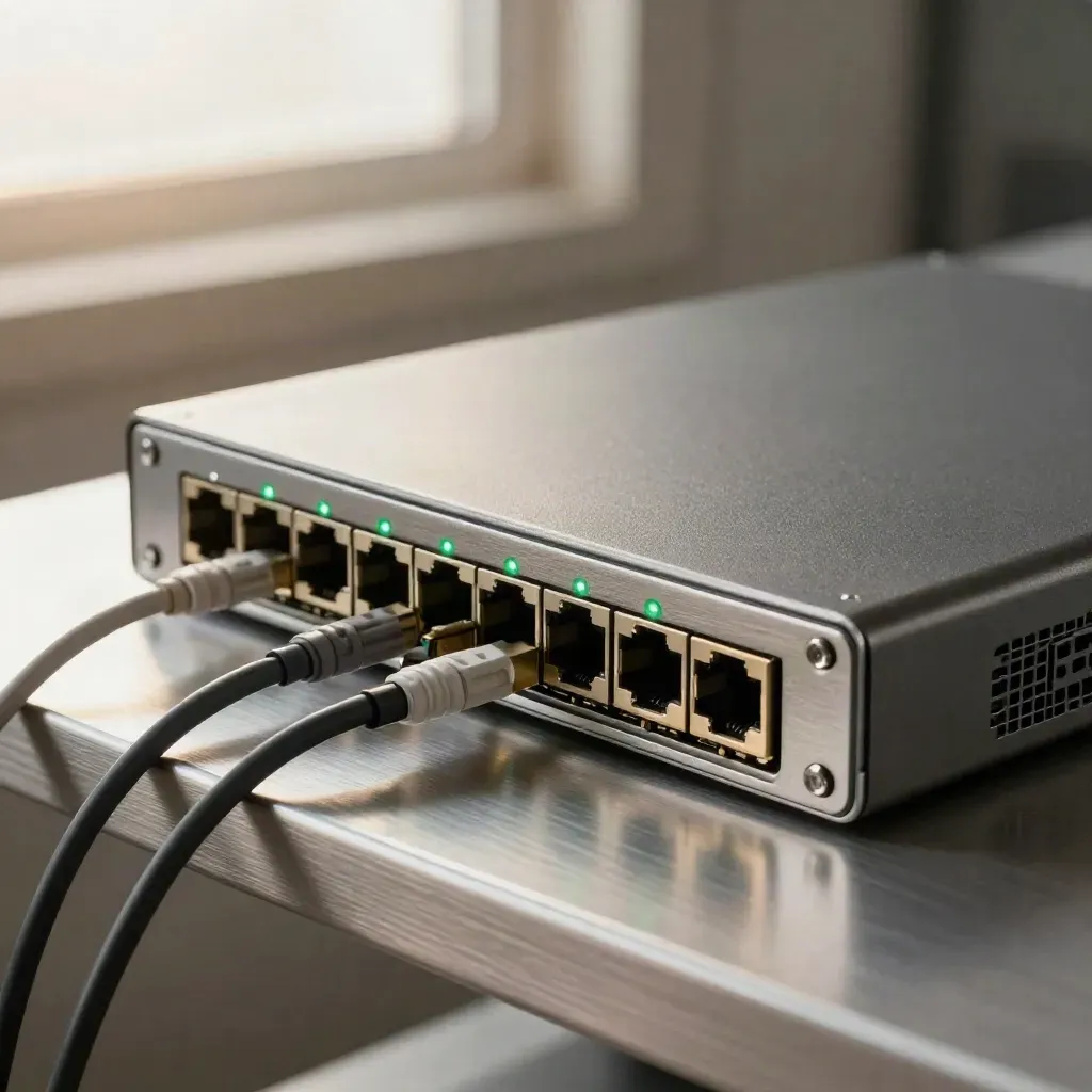 Switch réseau, disque de sauvegarde et serre-câbles sur métal brossé, voyants verts allumés.