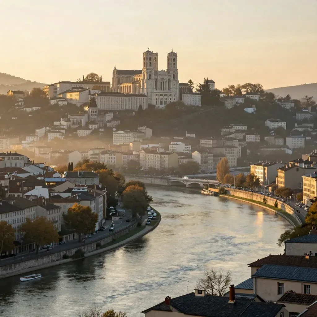 Vue dorée de Lyon depuis une colline, Rhône et Saône dans la brume, lumière chaude.