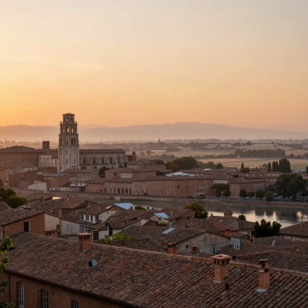 Vue aérienne d’Occitanie au crépuscule, toits de Toulouse et plaine dans une brume chaude.