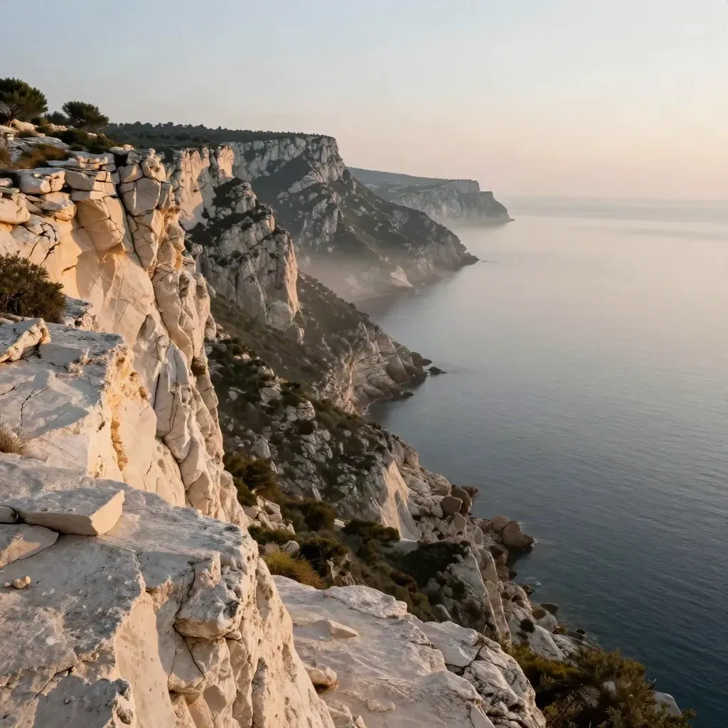 Falaises calcaires et mer calme en Provence-Alpes-Côte d’Azur à l’aube, brume légère.