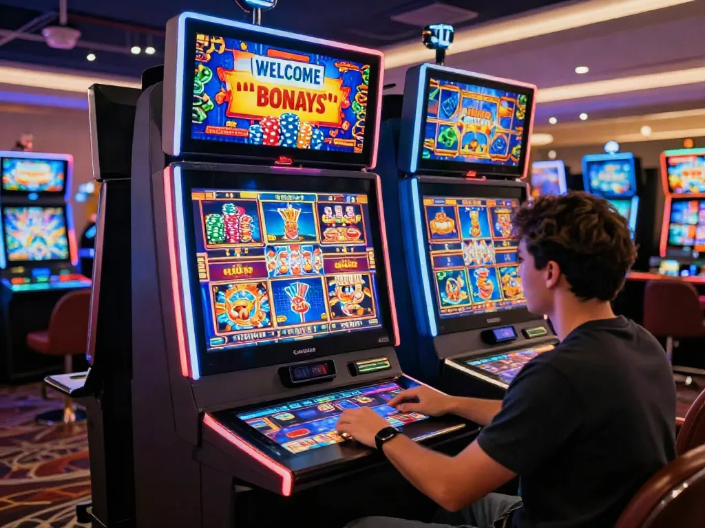i24Slots Casino : Joueur profitant des machines à sous dans un casino en ligne moderne.