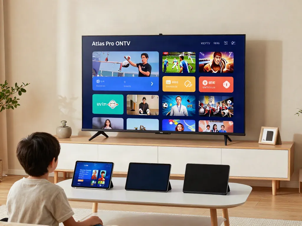 Famille utilisant l'application atlas pro ontv sur un grand téléviseur intelligent dans un salon moderne.